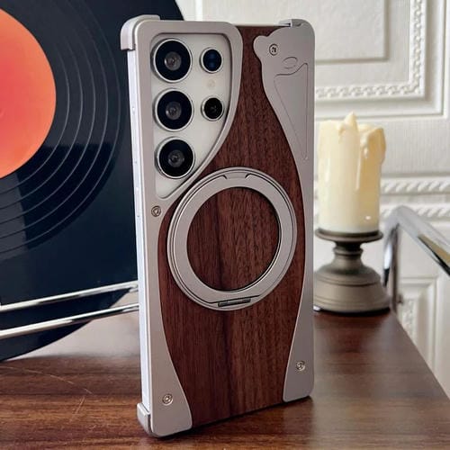 Funda de metal sin marco para Samsung Galaxy S24 Ultra 5G, color nogal, con rotación de 360 grados y soporte MagSafe (color titanio)