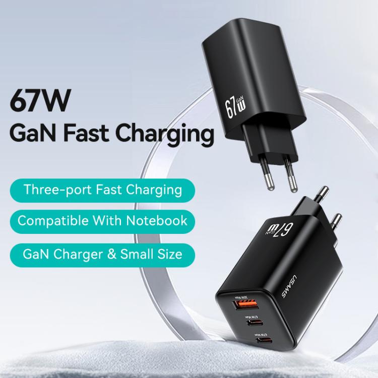 Cargador mini rápido USAMS CC265 de 67 W GaN, 2 puertos USB tipo C, con triple puerto, enchufe UE (negro)