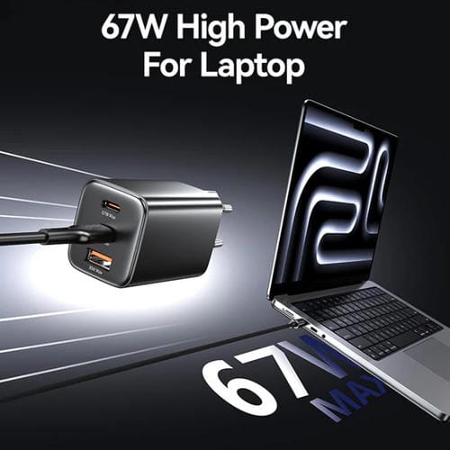 Cargador mini rápido USAMS CC265 de 67 W GaN, 2 puertos USB tipo C, con triple puerto, enchufe UE (negro)