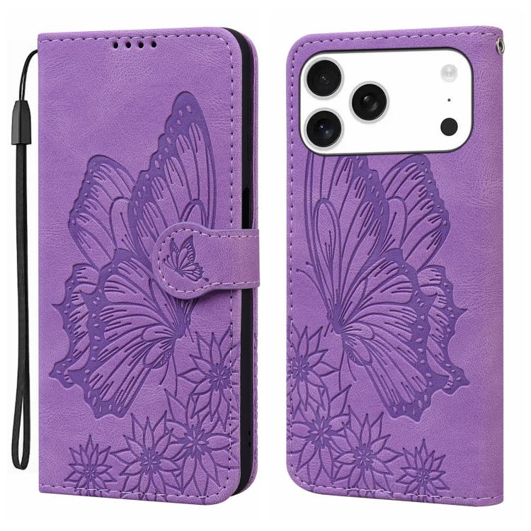Funda de cuero con tapa horizontal y diseño de mariposas en relieve retro para iPhone 17 Pro (morado)