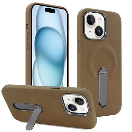 Funda VIETAO de piel sintética MagSafe de gamuza con soporte para iPhone 15 (marrón oscuro)