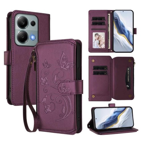 Funda de cuero con cremallera para Redmi Note 14S 4G / Note 13 Pro 4G, diseño de mariposas, flores y múltiples tarjetas (morado oscuro)
