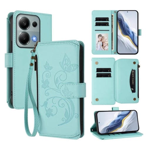 Funda de cuero con cremallera para Redmi Note 14S 4G / Note 13 Pro 4G, diseño de mariposas y flores, con múltiples tarjetas (verde menta)
