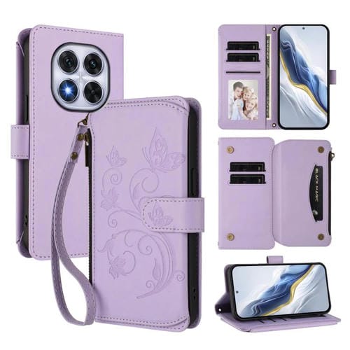 Funda de cuero con cremallera para Redmi Note 14 Pro 5G / Note 14 Pro+ 5G, diseño de mariposas, flores y múltiples tarjetas (morado claro)