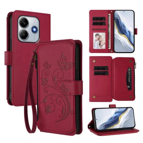 Funda de cuero con cremallera para Redmi Note 14 5G / Xiaomi Poco M7 Pro 5G, diseño de mariposas y flores, con múltiples tarjetas (rojo vino)