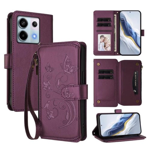 Funda de cuero con cremallera para Redmi Note 13 Pro 5G / Xiaomi Poco X6, diseño de mariposas, flores y mariposas (morado oscuro)