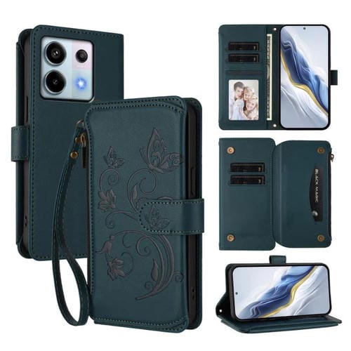Funda de cuero con cremallera para Redmi Note 13 Pro 5G / Xiaomi Poco X6, diseño de mariposas, flores y mariposas (verde oscuro)