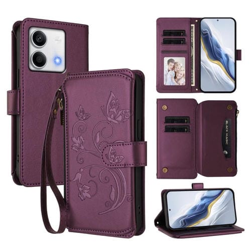 Funda de cuero con cremallera para Redmi Note 13 5G, diseño de mariposas, flores y múltiples tarjetas (morado oscuro)