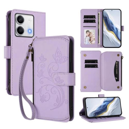 Funda de cuero con cremallera para Redmi Note 13 5G, diseño de mariposas, flores y múltiples tarjetas (morado claro)