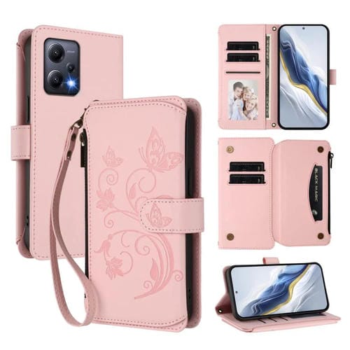 Funda de cuero con cremallera para Redmi Note 12 5G Global / Xiaomi Poco X5, diseño de mariposas, flores y mariposas (rosa)