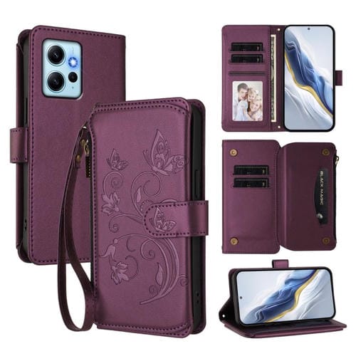 Funda de cuero con cremallera para Redmi Note 12 4G Global, diseño de mariposas, flores y amor, con múltiples tarjetas (morado oscuro)