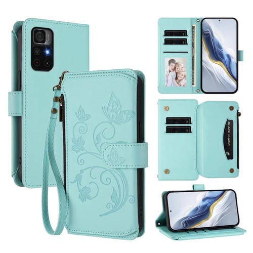 Funda de cuero con cremallera para Redmi Note 11S 5G / Xiaomi Poco M4 Pro 5G, diseño de mariposas y flores, con múltiples tarjetas (verde menta)