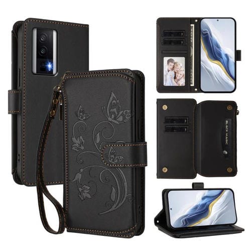Funda de cuero con cremallera para Redmi K60/K60 Pro, diseño de mariposas y flores, con múltiples tarjetas (negro)