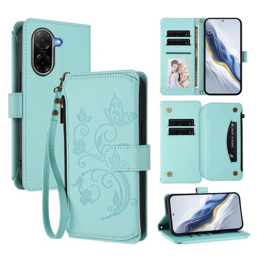 Funda de cuero con cremallera para Redmi A5 4G (173,3 mm), diseño de mariposas y flores (verde menta)