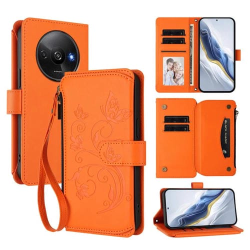 Funda de cuero con cremallera para Redmi A3 / A3x / Xiaomi Poco C61, diseño de mariposas y flores (naranja)