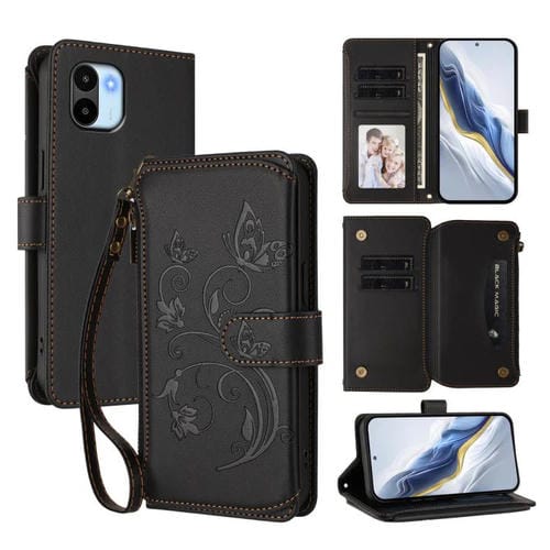 Funda de cuero con cremallera para Redmi A1/Redmi A2, diseño de mariposas y flores, con múltiples tarjetas (negro)