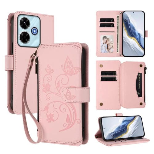 Funda de cuero con cremallera para Redmi 13 4G / 5G / 13x / Xiaomi Poco M6 4G, diseño de mariposas y flores, con múltiples tarjetas (rosa)