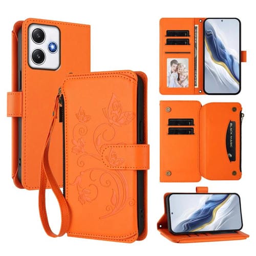 Funda de cuero con cremallera para Redmi 12 4G / 5G / Note 12R, diseño de mariposas, flores y múltiples tarjetas (naranja)