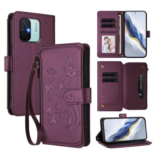 Funda de cuero con cremallera para Redmi 11A / Xiaomi Poco C55, diseño de mariposas, flores y mariposas (morado oscuro)