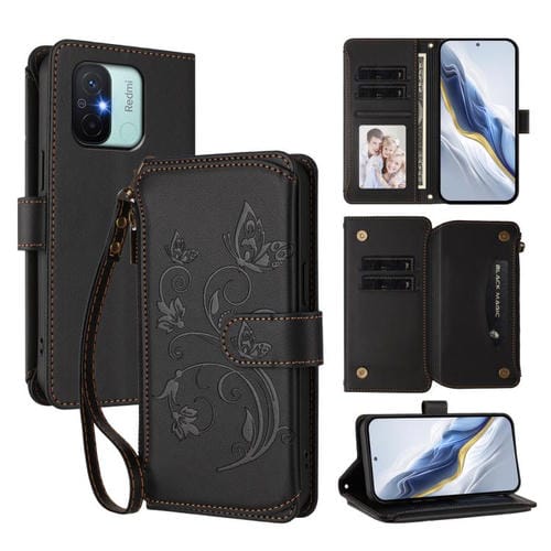 Funda de cuero con cremallera para Redmi 11A / Xiaomi Poco C55, diseño de mariposas, flores y múltiples tarjetas (negro)
