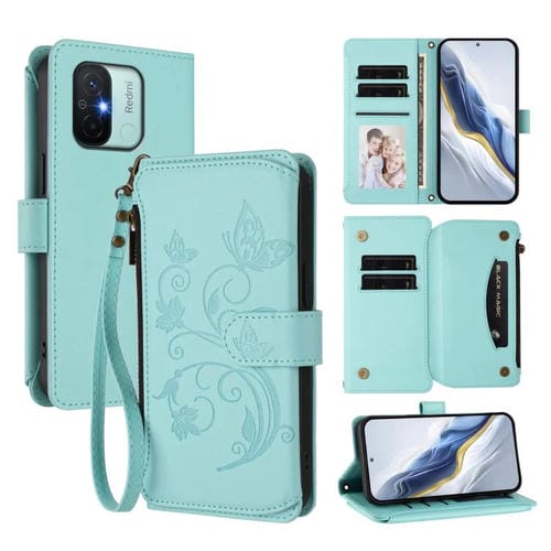 Funda de cuero con cremallera para Redmi 11A / Xiaomi Poco C55, diseño de mariposas, flores y mariposas (verde menta)