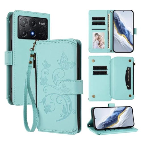 Funda de cuero con cremallera para Xiaomi Poco X6 Pro, diseño de mariposas, flores y mariposas (verde menta)