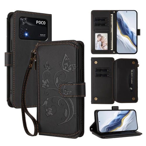 Funda de cuero con cremallera para Xiaomi Poco M4 Pro 4G, diseño de mariposas y flores, con múltiples tarjetas (negro)