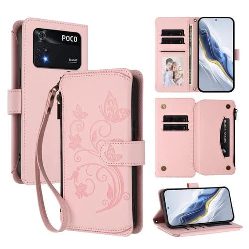 Funda de cuero con cremallera para Xiaomi Poco M4 Pro 4G, diseño de mariposas, flores y mariposas (rosa)