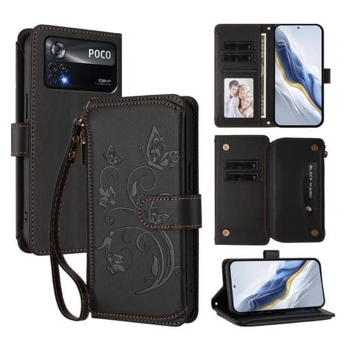 Funda de cuero con cremallera para Xiaomi Poco X4 Pro 5G, diseño de mariposas, flores y múltiples tarjetas (negro)