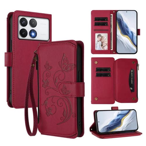 Funda de cuero con cremallera para Xiaomi Poco F6 Pro, diseño de mariposas, flores y mariposas (rojo vino)