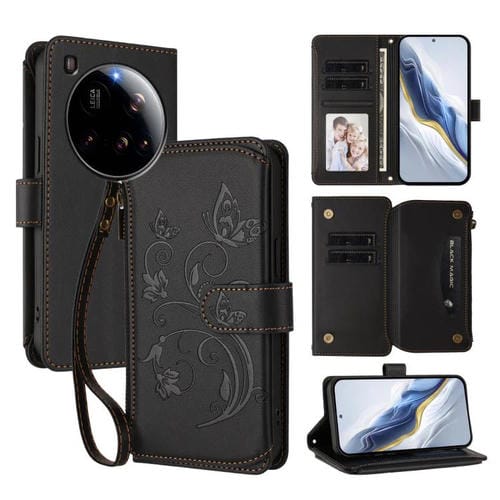 Funda de cuero con cremallera para Xiaomi 15 Ultra, diseño de mariposa, amor y flores, con múltiples tarjetas (negro)