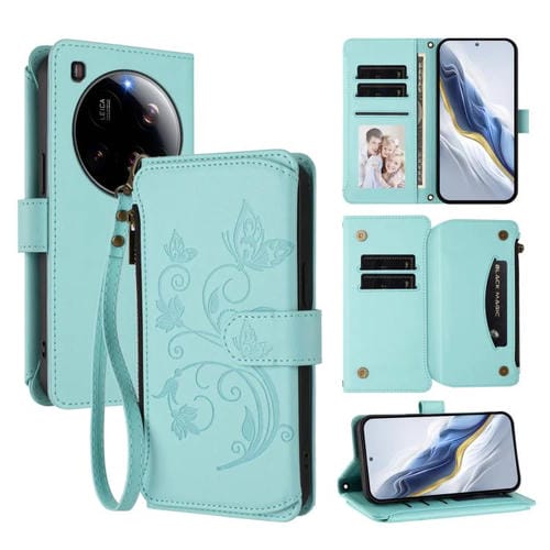Funda de cuero con cremallera para Xiaomi 15 Ultra, diseño de mariposas y flores, con múltiples tarjetas (verde menta)
