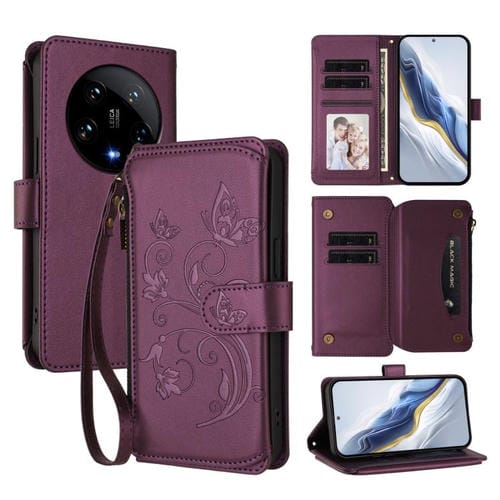 Funda de cuero con cremallera para Xiaomi 14 Ultra, diseño de mariposas y flores, con múltiples tarjetas (morado oscuro)