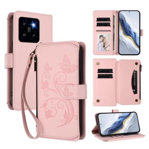 Funda de cuero con cremallera para Xiaomi 14 Pro, diseño de mariposas, flores y mariposas (rosa)