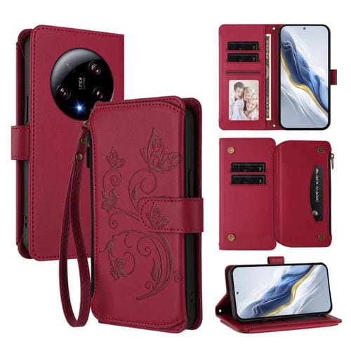 Funda de cuero con cremallera para Xiaomi 13 Ultra, diseño de mariposas, flores y mariposas (rojo vino)