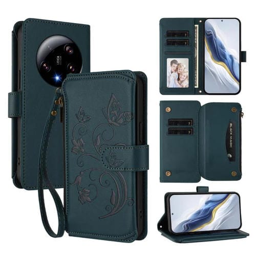 Funda de cuero con cremallera para Xiaomi 13 Ultra, diseño de mariposas y flores, con múltiples tarjetas (verde oscuro)
