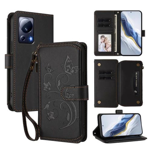 Funda de cuero con cremallera para Xiaomi 13 Lite / Civi 2, diseño de mariposas y flores, con múltiples tarjetas (negro)