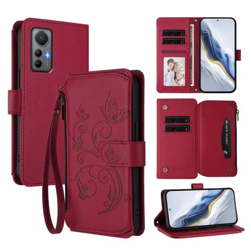 Funda de cuero con cremallera para Xiaomi 12 Lite, diseño de mariposas, flores y amor, con múltiples tarjetas (rojo vino)