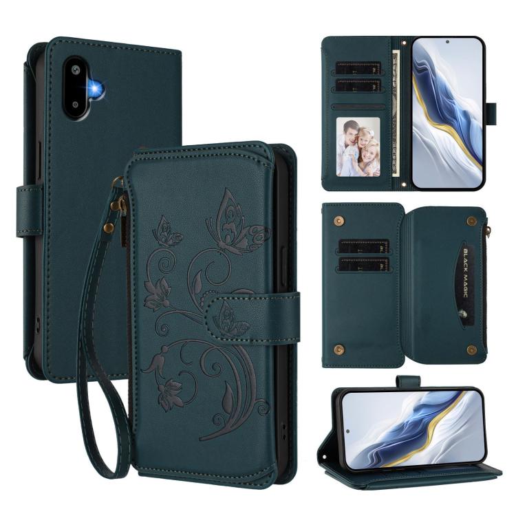 Funda de cuero con cremallera para Samsung Galaxy M06 5G / F06 5G, diseño de mariposas, flores y amor, con múltiples tarjetas (verde oscuro)