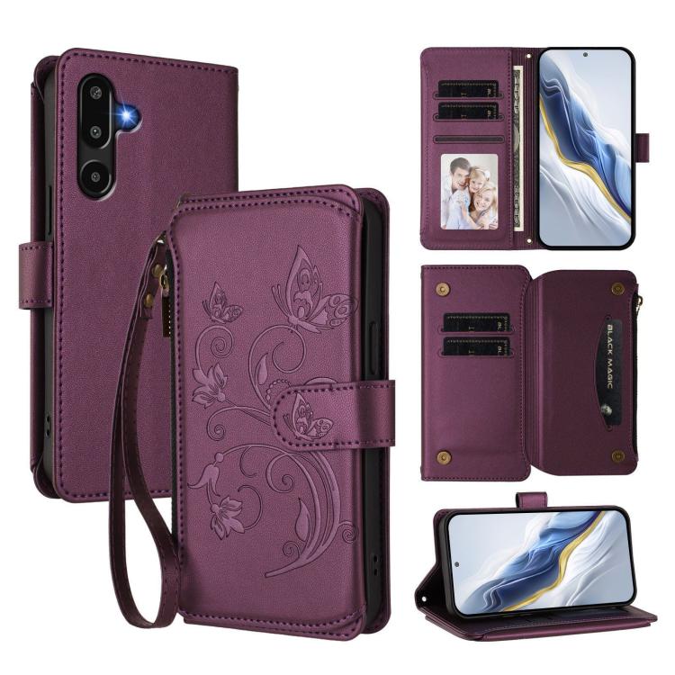 Funda de cuero con cremallera para Samsung Galaxy M16 5G / F16 5G, diseño de mariposas, flores y amor, con múltiples tarjetas (morado oscuro)