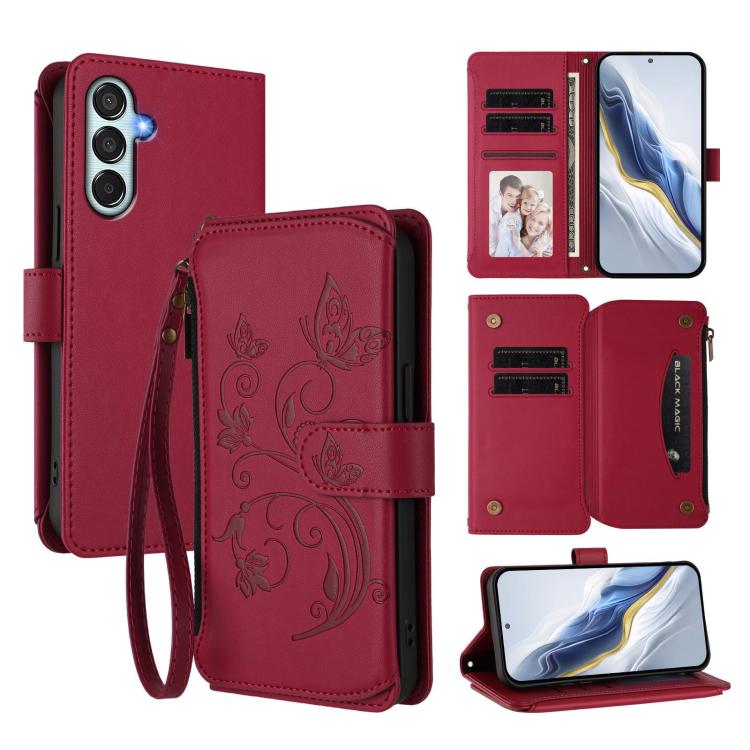 Funda de cuero con cremallera para Samsung Galaxy M34 5G / F34 5G, diseño de mariposas, flores y amor, con múltiples tarjetas (rojo vino)