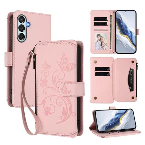 Funda de cuero con cremallera para Samsung Galaxy M34 5G / F34 5G, diseño de mariposas, flores y amor, con múltiples tarjetas (rosa)