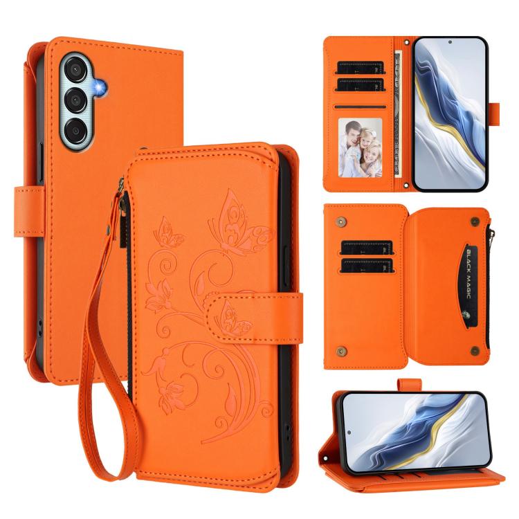 Funda de cuero con cremallera para Samsung Galaxy M35 5G, diseño de mariposas, flores y amor, con múltiples tarjetas (naranja)