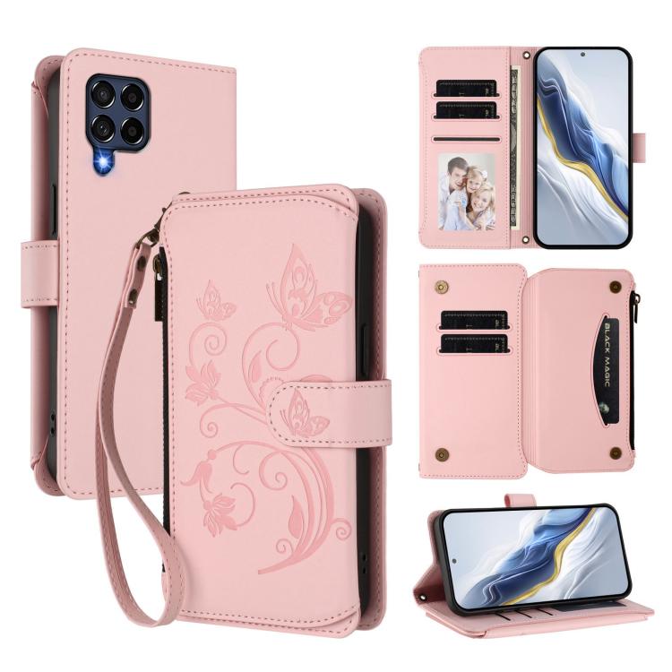 Funda de cuero con cremallera para Samsung Galaxy M53 5G, diseño de mariposas, flores y amor, con múltiples tarjetas (rosa)