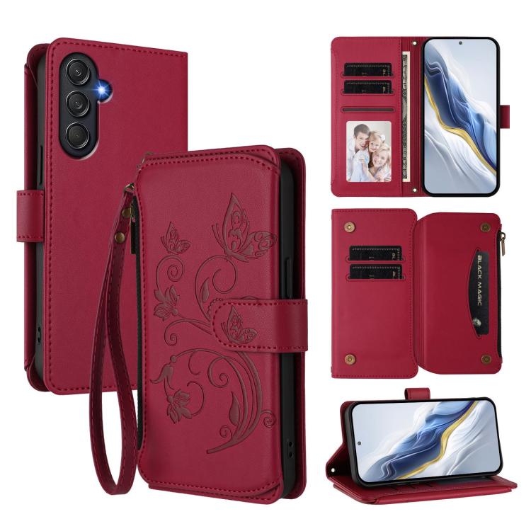 Funda de cuero con cremallera para Samsung Galaxy M54 5G / F54 5G, diseño de mariposas, flores y amor, con múltiples tarjetas (rojo vino)