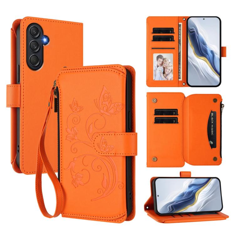 Funda de cuero con cremallera para Samsung Galaxy M54 5G / F54 5G, diseño de mariposas, flores y amor, con múltiples tarjetas (naranja)