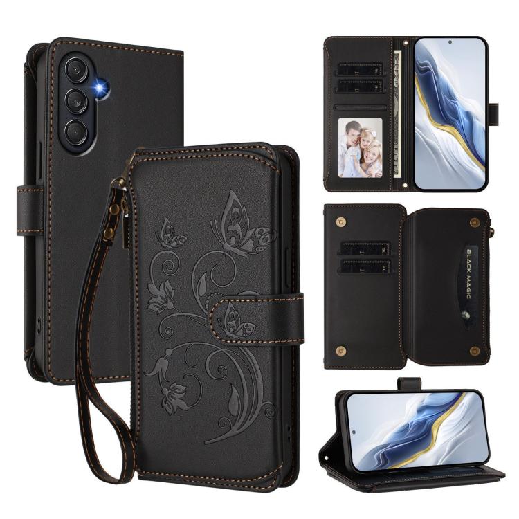 Funda de cuero con cremallera para Samsung Galaxy M54 5G / F54 5G, diseño de mariposas, flores y amor, con múltiples tarjetas (negro)