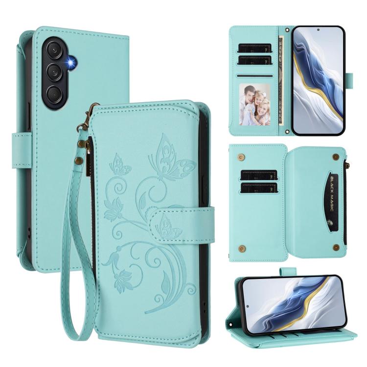 Funda de cuero con cremallera para Samsung Galaxy M54 5G / F54 5G, diseño de mariposas, flores y amor, con múltiples tarjetas (verde menta)