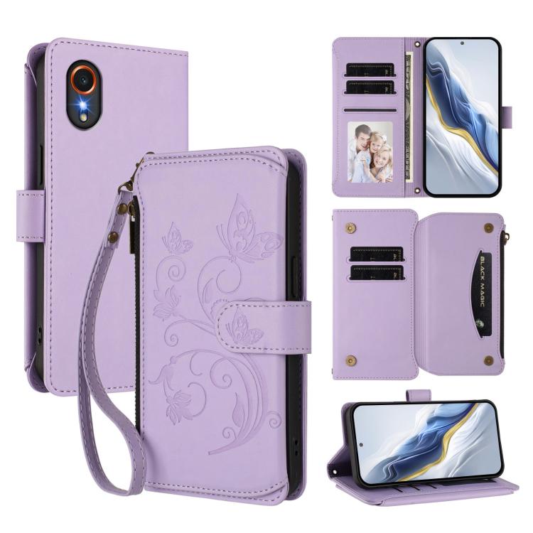 Funda de cuero con cremallera para Samsung Galaxy XCover7 5G, diseño de mariposas, flores y amor, con múltiples tarjetas (morado claro)