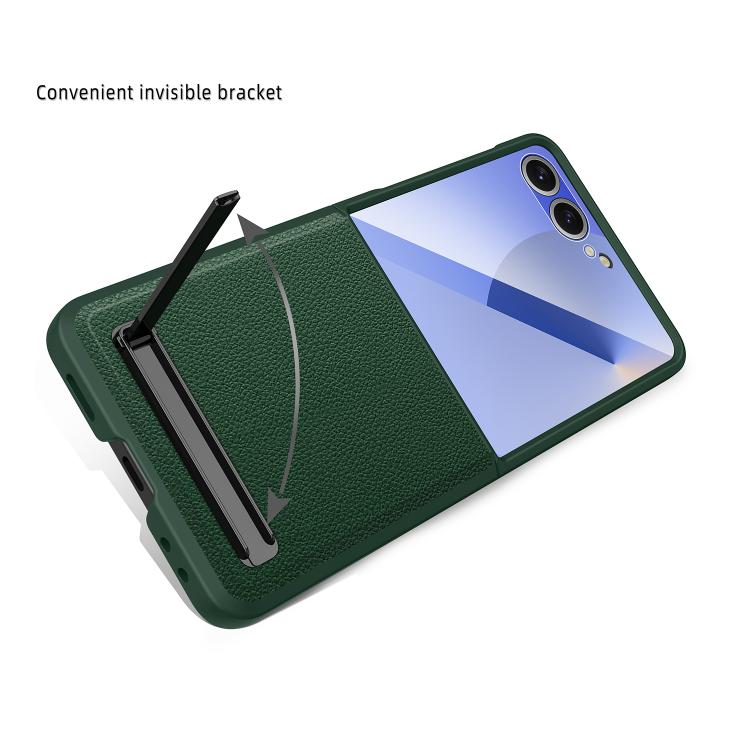 Funda para Samsung Galaxy Z Flip7 5G con soporte invisible integrado y textura de lichi (negro trigo)
